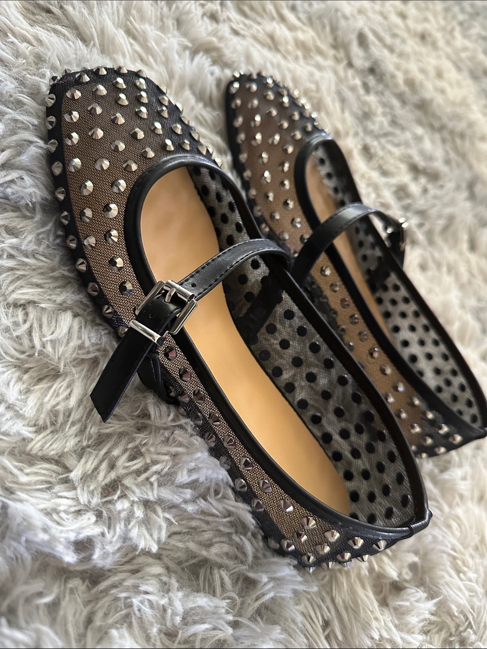 Studded Black Mesh Mary Jane Flats - Women's - Picture 5 of 8